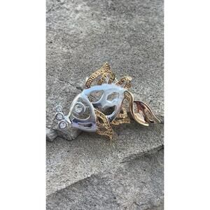 Vintage Brooch Silver/Gold-Tone Fish Blowing Rhinestone Bubbles